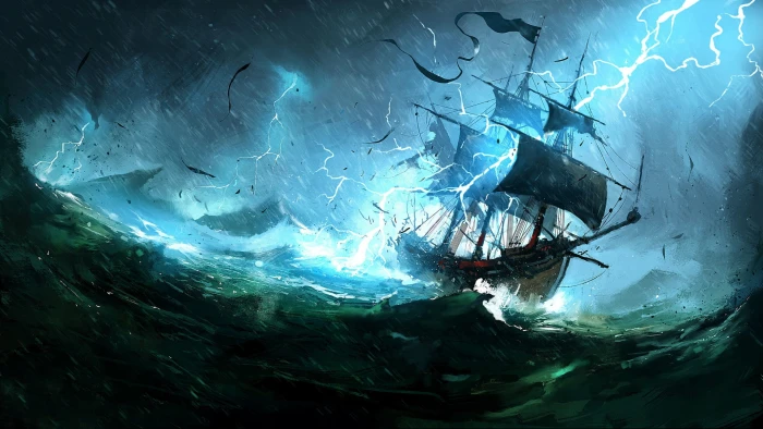 ship on sea during thunderstorm animated wallpaper fantasy art 2k