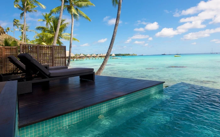 two gray padded pool chairs nature landscape resort beach 2k