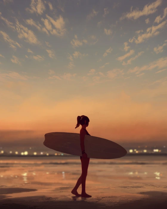 women artwork sunset side view sky clouds beach on 2k