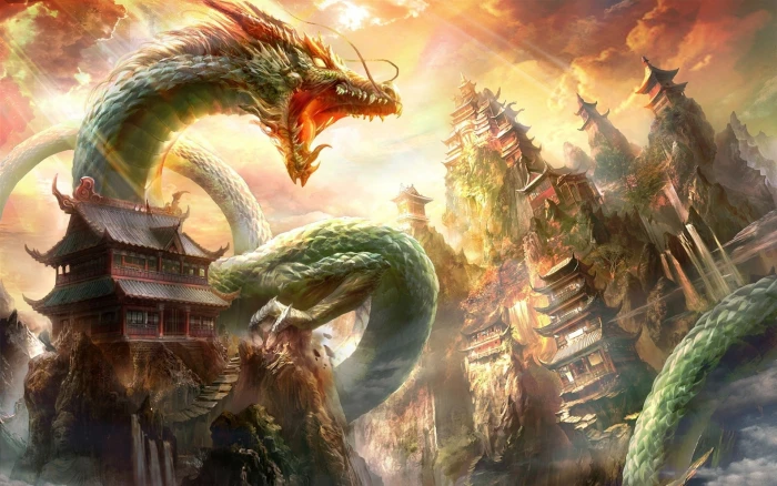 wyrm and temple on mountain digital wallpaper fantasy art dragon 2k