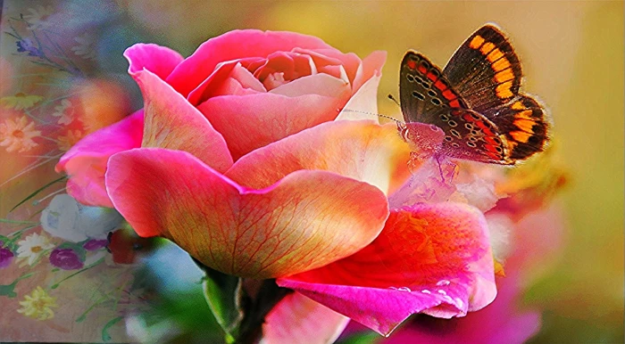 macro photography of Painted Lady butterfly on pink Rose rose 2k
