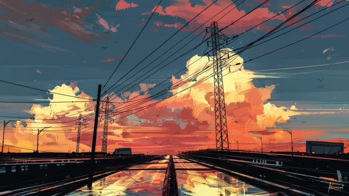 anime landscape sunset sky painting scenic transportation 2k