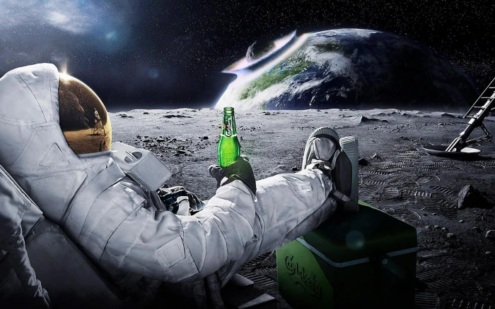astronaut drinking beer on moon while watching earth destroy wallpaper 2k