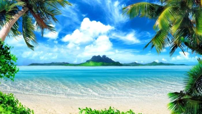 beach digital wallpaper coast azure resort sky clouds solarly 2k