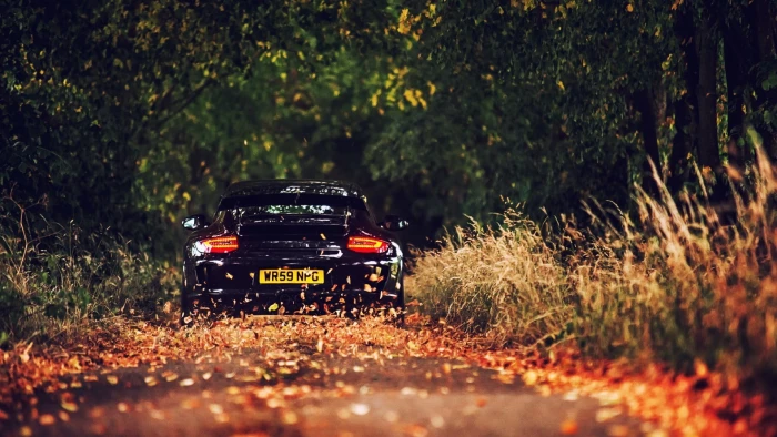 black car sports on road between trees at daytime 2k