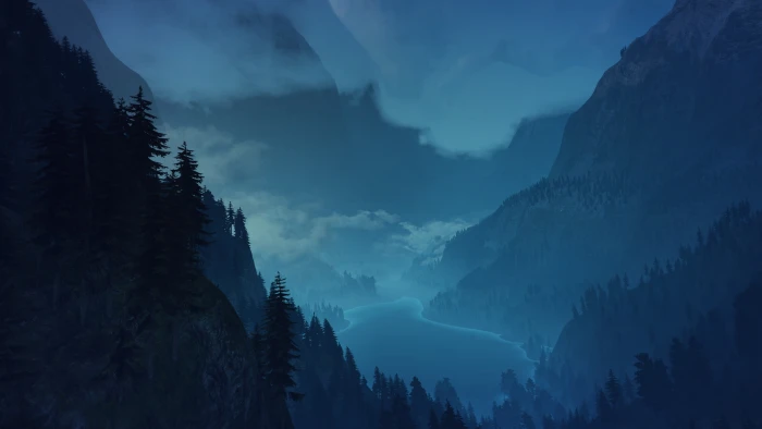 body of water between two mountains illustration forest night 2k 4k
