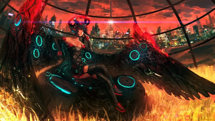 female digital art illustration black winged character 2k