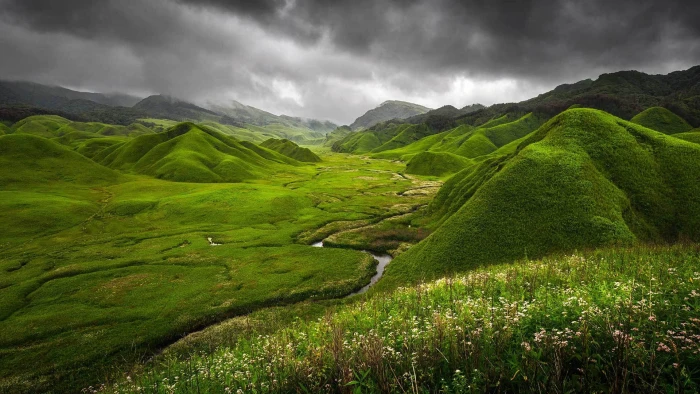 green grass flowers mountains clouds nature river India 2k