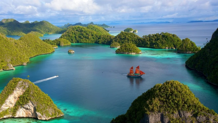green mountains under white cloudy sky island sea boat nature 2k