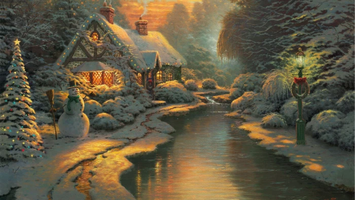 house trees and lake digital wallpaper forest snow lights 2k