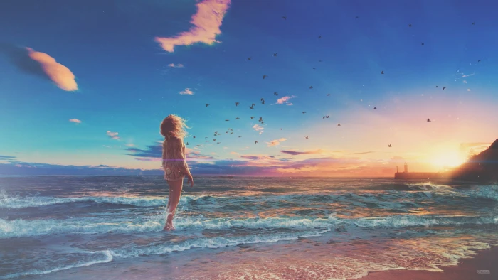 illustration of person in body water beach sunset waves 2k