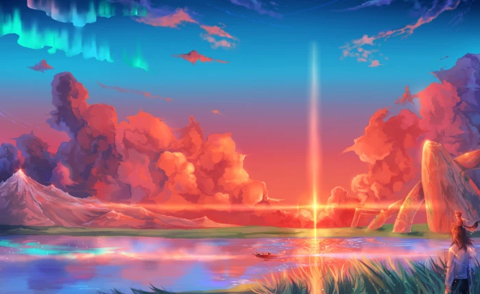illustration anime girls landscape sea boat clouds painting 2k