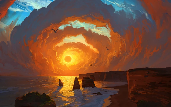 landscape sea sunset clouds painting artwork digital art 2k