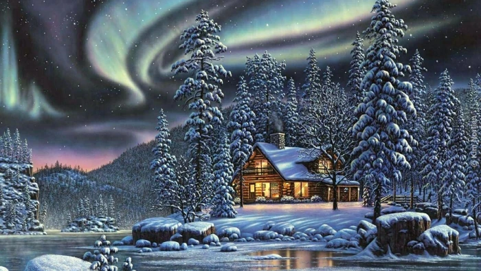 log cabin painting house cottage pine frost evening christmas 2k