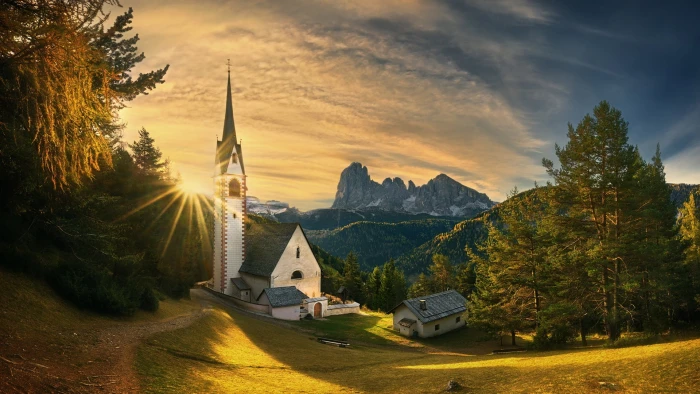 mountain village old church dolomites mountains dolomite 2k