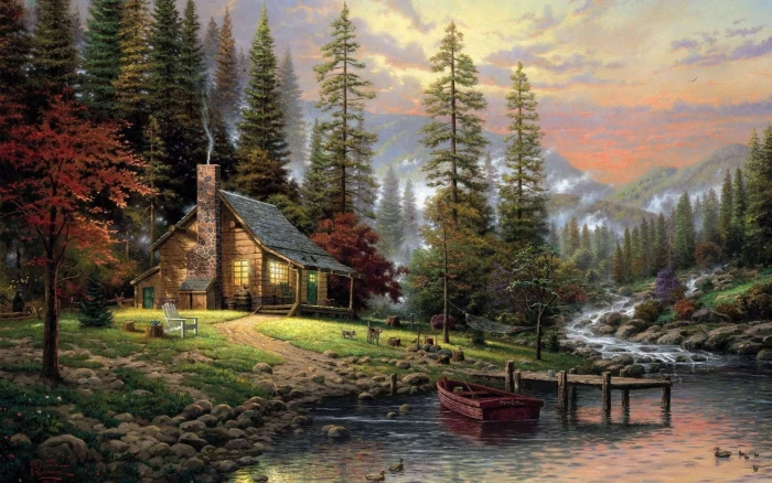 nature landscape painting artwork trees forest clouds 2k