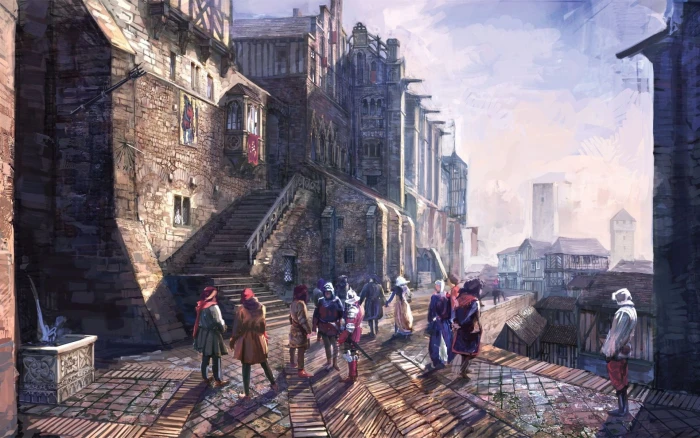 people gathered near village and stairs painting video games 2k