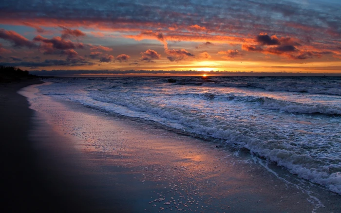 Sea waves water beach sunset sky clouds nature landscape 2k