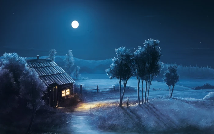 structure and trees digital wallpaper landscape night Moon 2k
