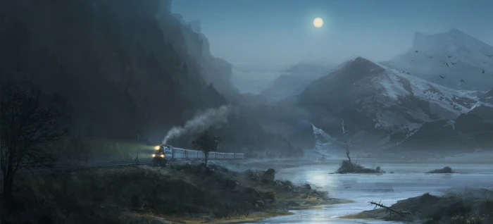 train running beside mountain painting night Moon artwork 2k 4k
