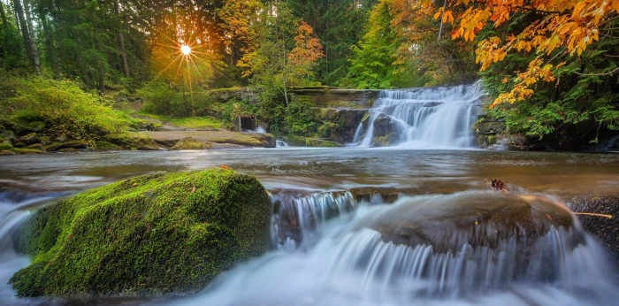 water falls nature landscape waterfall moss forest sunset 2k