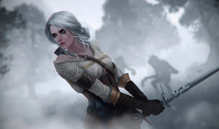 women video games The Witcher Cirilla sword green eyes 2k