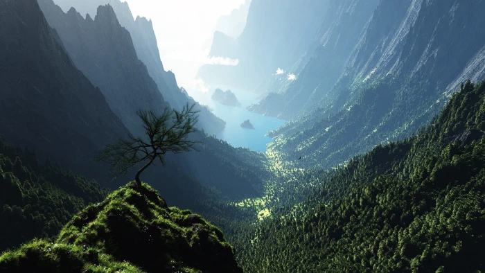 birds eye view of green mountains body water between 2k
