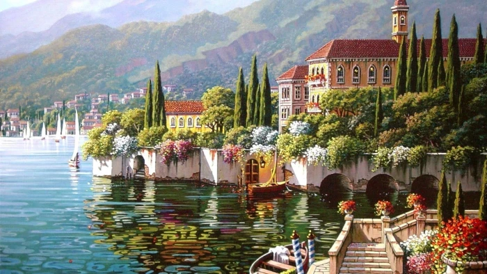lake como flower painting italy water tree europe landscape 2k
