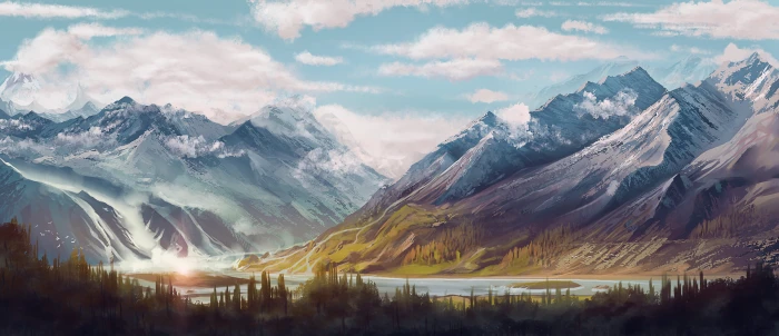 landscape painting of mountain digital art mountains forest 2k