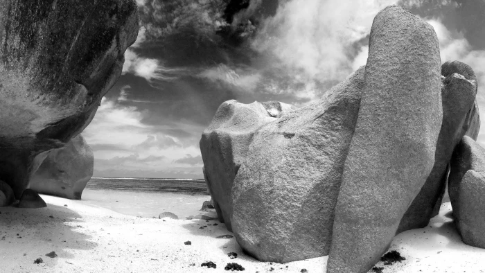 Rocks on the Beach black and white 2k