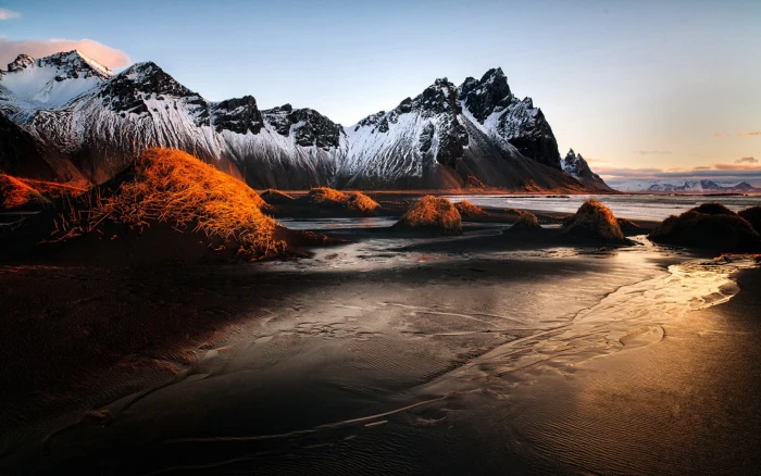 Vestrahorn Iceland Winter Sunrise Landscape Sea Coast Sandy Beach Mountain Peaks With Snow Blue Desktop Wallpaper Hd 2k