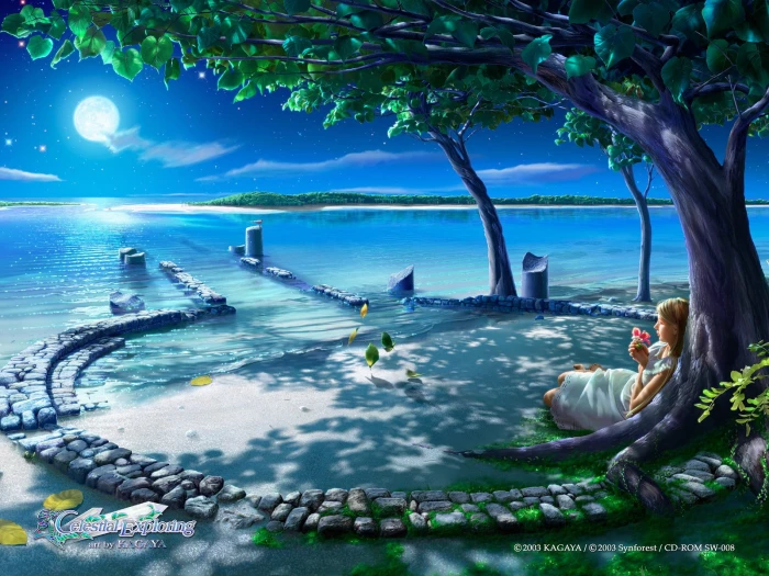 woman lying under tree digital wallpaper landscape beach fantasy art 2k