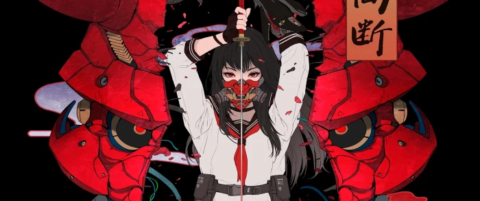 anime girls red eyes gas masks black hair Cyberpunk 2k