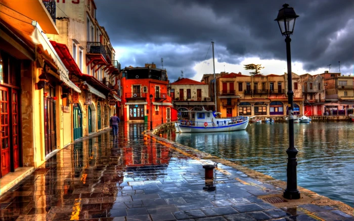 black street lamp rethymno greece night beach cafes hdr 2k