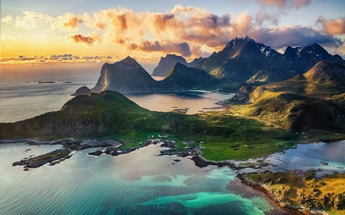 brown mountain landscape nature mountains beach island Lofoten 2k