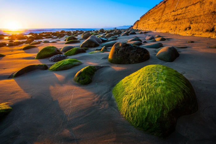 concrete rocks on soil during sunset Rocky CA ocean surf 2k