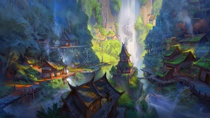 fantasy forest river trees landscape water rocks houses 2k