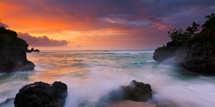 nature landscape sunset coast island beach rock sea 2k