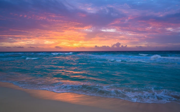 Sea waves beach sunset red sky 2k