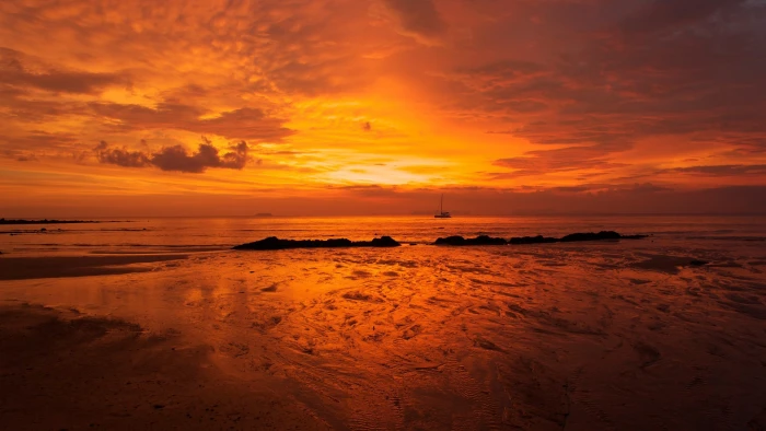 silhouette of mountains during sunset landscape nature sea 2k