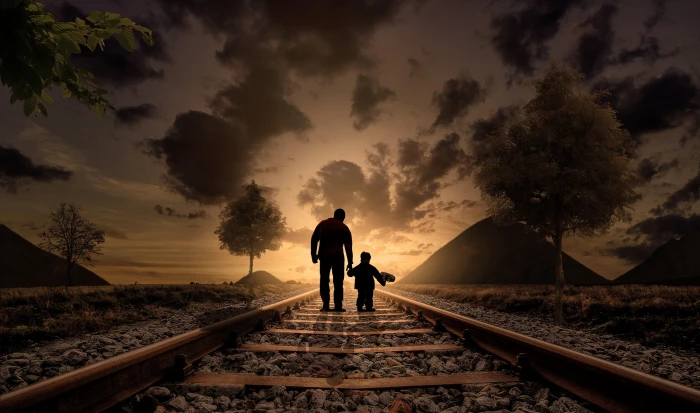 silhouette photo of two person walking on train rail during golden hour 2k