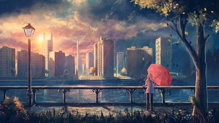 woman holding umbrella looking building painting using pink watching the body of water and buildings 2k
