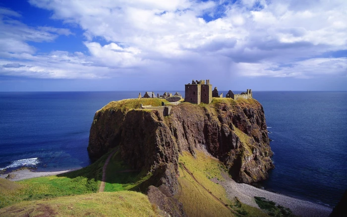 nature beach coast castle Scotland clouds cliff UK ruin 2k