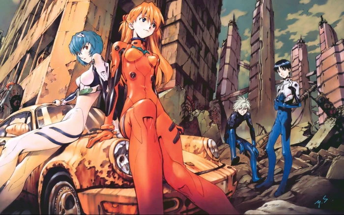 Neon Genesis Evangelion Anime Asuka Soryu Langley Rei Ayanami Plugsuit Shinji Ikari Kaworu Nagisa HD 2 female and 1 male animated illustration in the city 2k