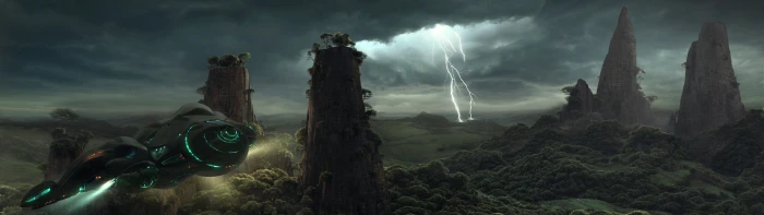 spacecraft near rock formation banner gray spaceship brown 2k 4k