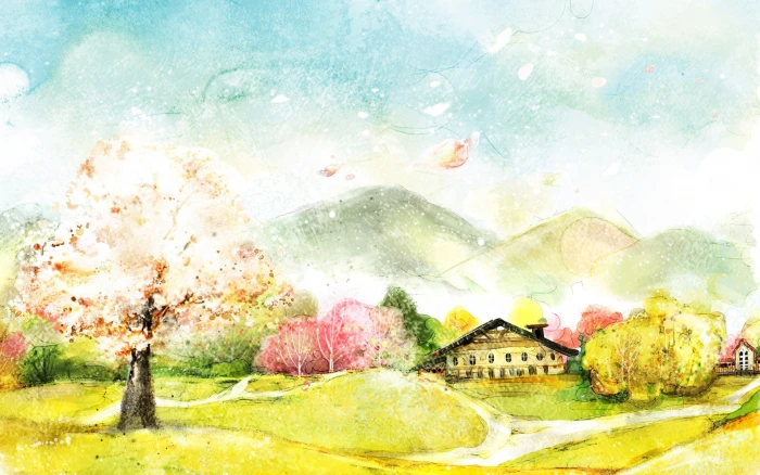Digital Art Painting Trees House Mountains Scenery 2k