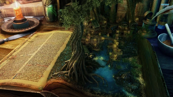 opened book with trees and houses painting digital art fantasy 2k