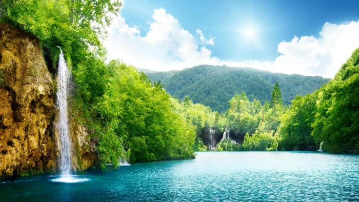 green leafed trees nature landscape waterfall scenics 2k