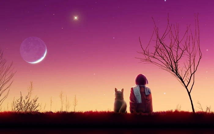 kagaya moon anime backgrounds girl cat sunset nature 2k 4k