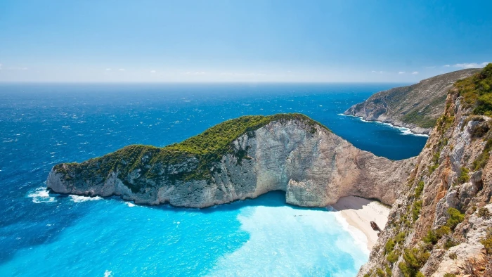 Greece landscape Navagio Beach Zakynthos sea water rock 2k